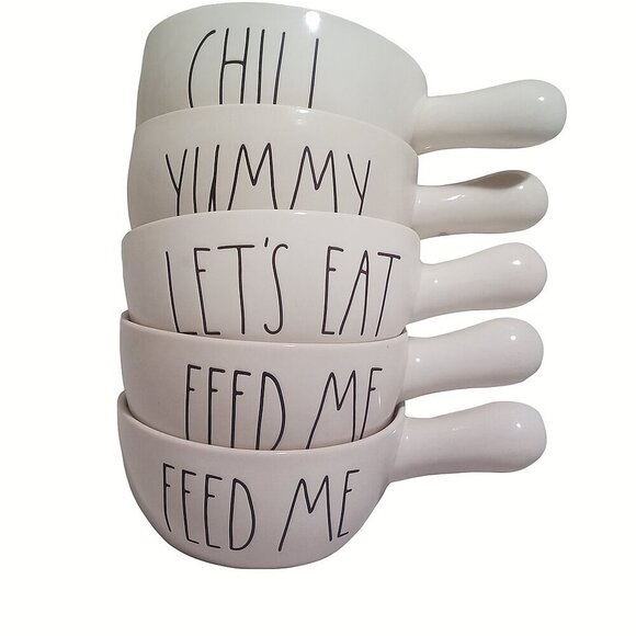Rae Dunn White Ceramic Bowls With Handle Handwritten Design Set 5 - Picture 1 of 10